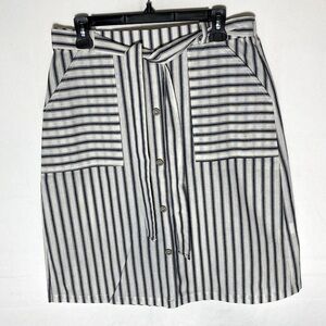 Emberly White Navy Striped Cotton Button Front Mini Skirt W Tie Wasitband L